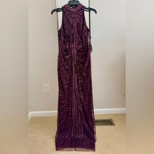 Adrianna Papell Deep Amethyst Beaded Drape Long Dress NWT